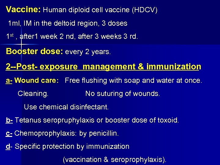 Vaccine: Human diploid cell vaccine (HDCV) 1 ml, IM in the deltoid region, 3