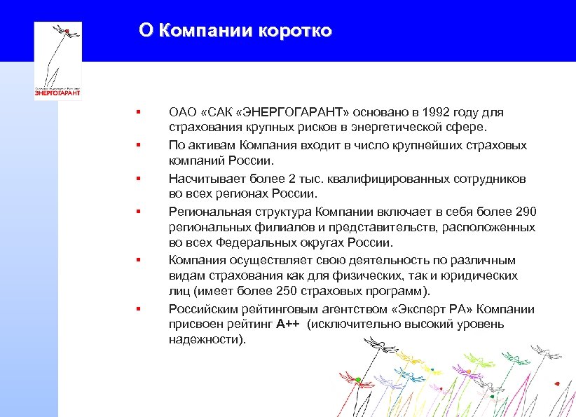 О Компании коротко § § § ОАО «САК «ЭНЕРГОГАРАНТ» основано в 1992 году для
