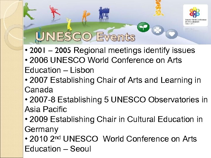 UNESCO Events • 2001 – 2005 Regional meetings identify issues • 2006 UNESCO World