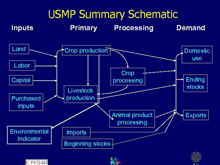 USMP Summary Schematic Inputs Land Primary Processing Crop production Demand Domestic use Labor Crop