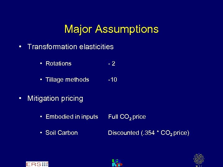 Major Assumptions • Transformation elasticities • Rotations -2 • Tillage methods -10 • Mitigation