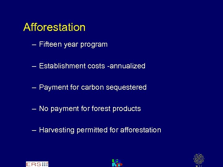 Afforestation – Fifteen year program – Establishment costs -annualized – Payment for carbon sequestered