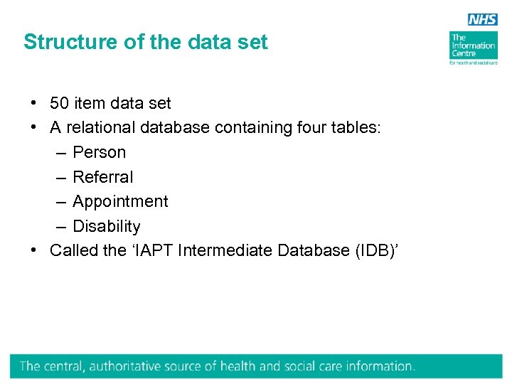 Structure of the data set • 50 item data set • A relational database