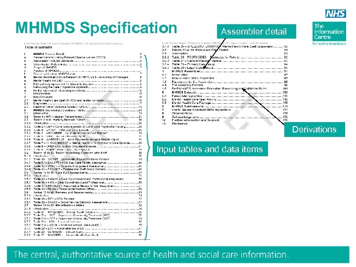 MHMDS Specification Assembler detail Derivations Input tables and data items 