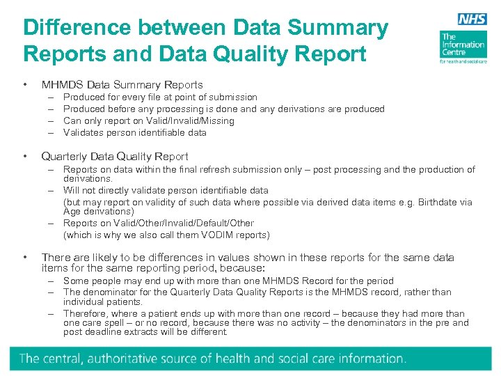 Difference between Data Summary Reports and Data Quality Report • MHMDS Data Summary Reports