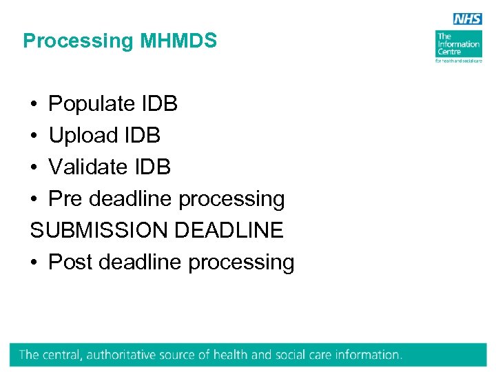Processing MHMDS • Populate IDB • Upload IDB • Validate IDB • Pre deadline
