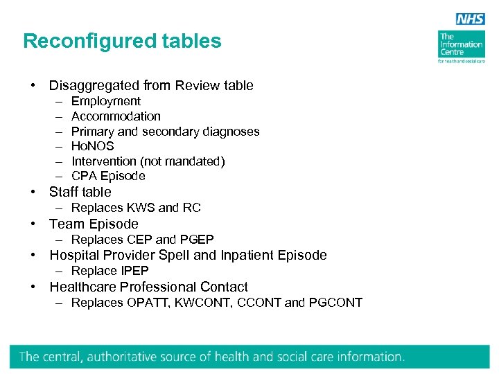 Reconfigured tables • Disaggregated from Review table – – – Employment Accommodation Primary and