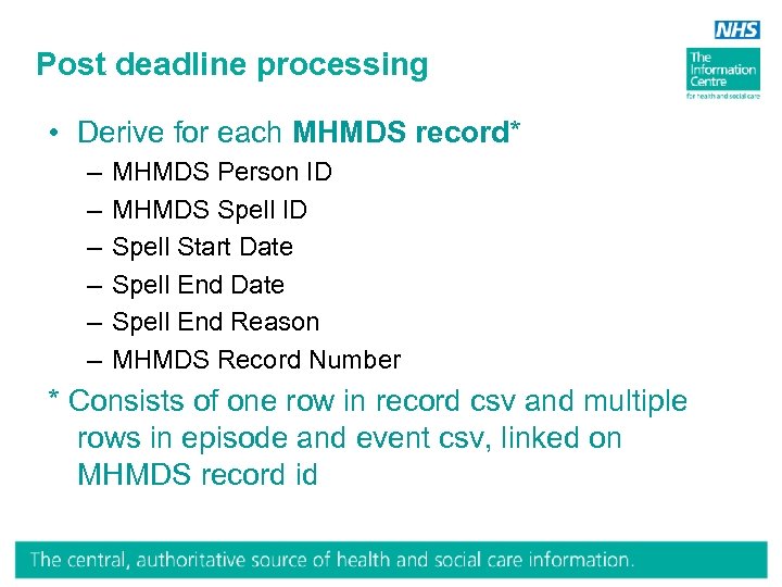 Post deadline processing • Derive for each MHMDS record* – – – MHMDS Person