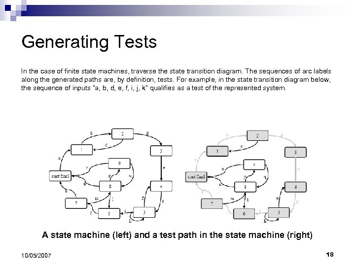 Generating Tests In the case of finite state machines, traverse the state transition diagram.