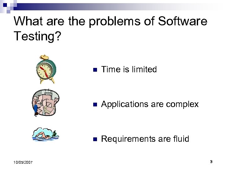 What are the problems of Software Testing? n n Applications are complex n 10/05/2007