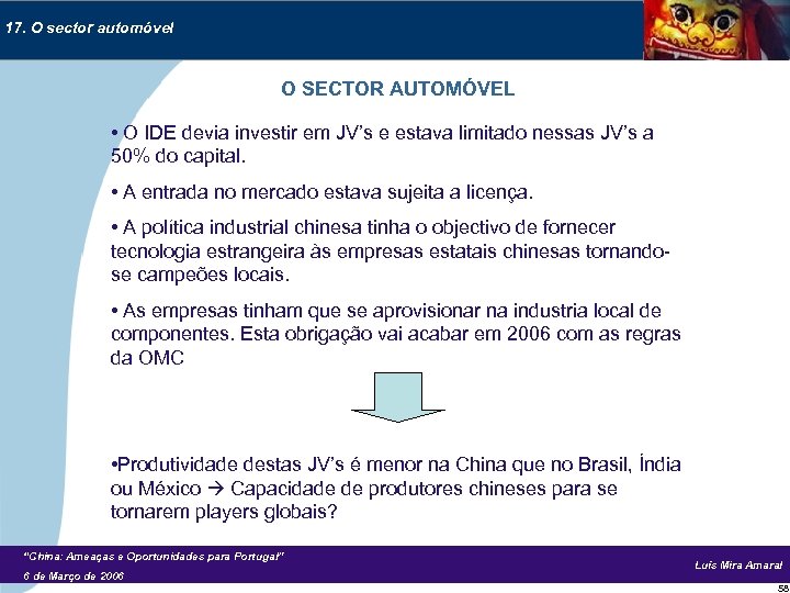 17. O sector automóvel O SECTOR AUTOMÓVEL • O IDE devia investir em JV’s