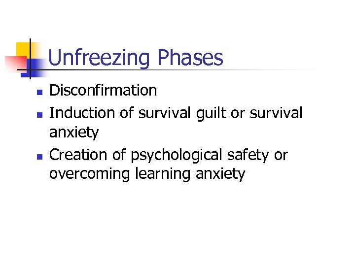 Unfreezing Phases n n n Disconfirmation Induction of survival guilt or survival anxiety Creation