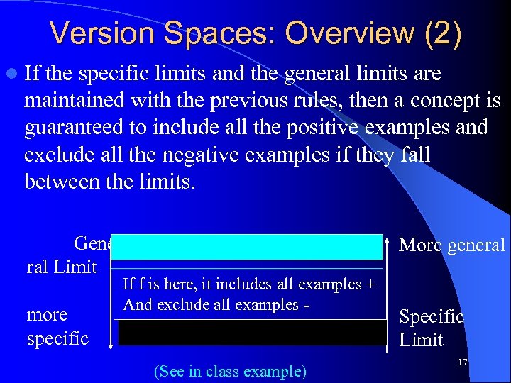 Version Spaces: Overview (2) l If the specific limits and the general limits are