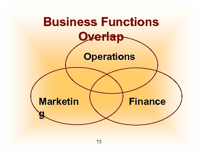 Business Functions Overlap Operations Marketin g Finance 13 