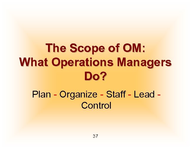 The Scope of OM: What Operations Managers Do? Plan - Organize - Staff -