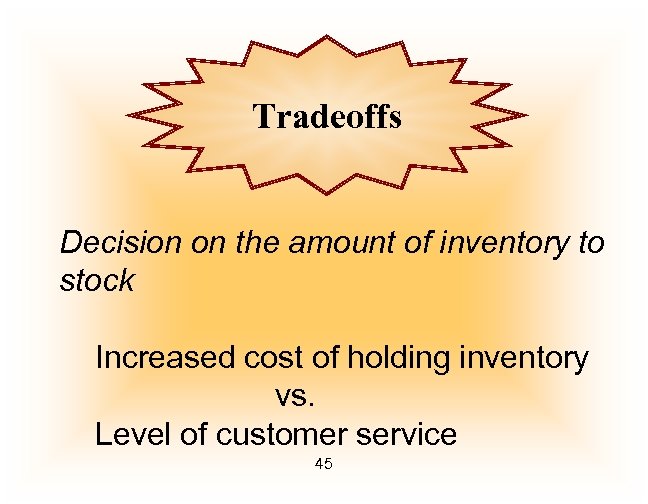 Tradeoffs Decision on the amount of inventory to stock Increased cost of holding inventory