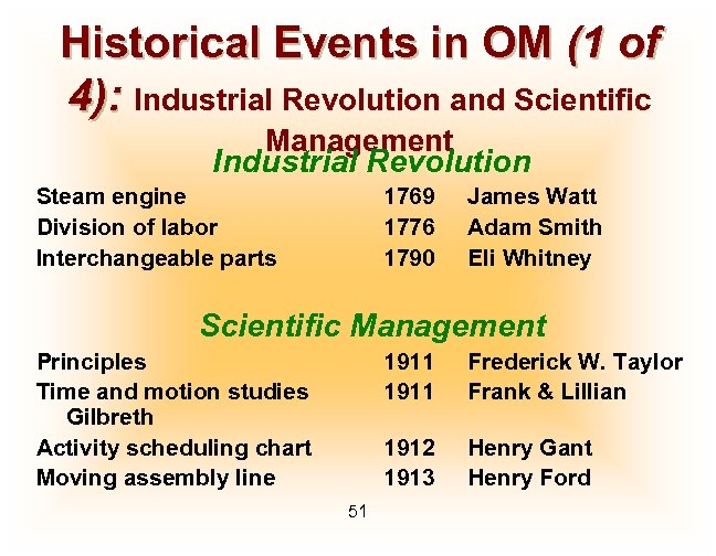 Historical Events in OM (1 of 4): Industrial Revolution and Scientific Management Industrial Revolution