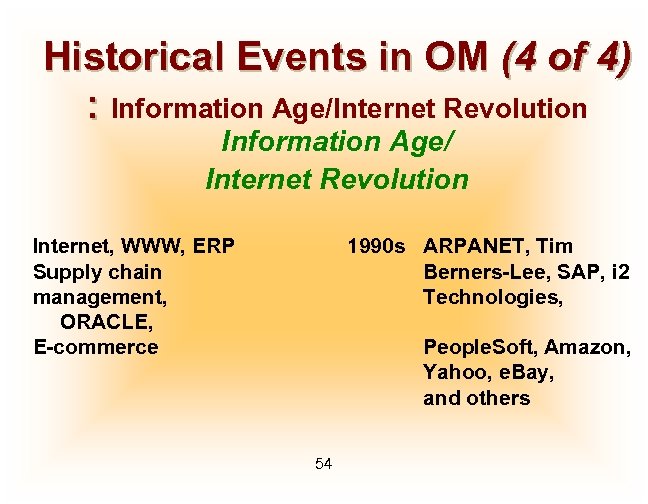 Historical Events in OM (4 of 4) : Information Age/Internet Revolution Information Age/ Internet