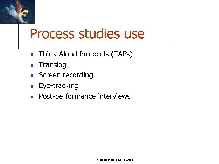 Process studies use n n n Think-Aloud Protocols (TAPs) Translog Screen recording Eye-tracking Post-performance