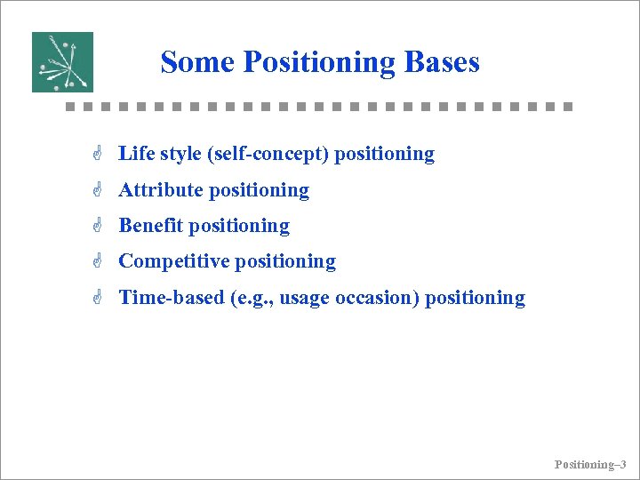 Some Positioning Bases G Life style (self-concept) positioning G Attribute positioning G Benefit positioning