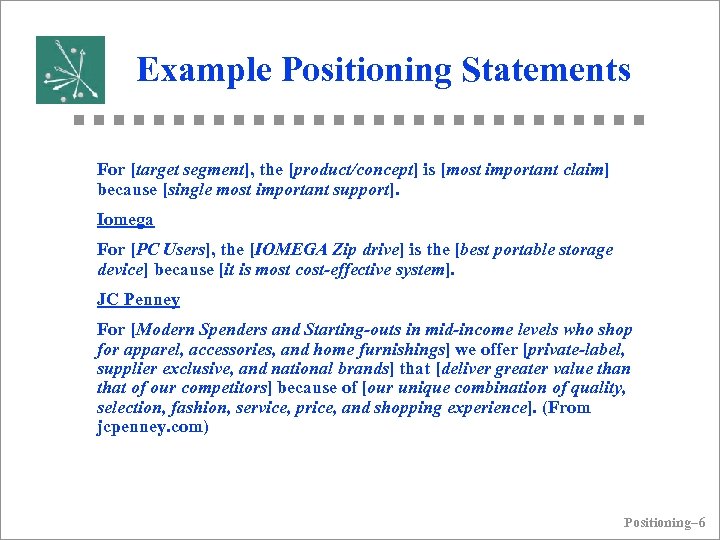 Example Positioning Statements For [target segment], the [product/concept] is [most important claim] because [single