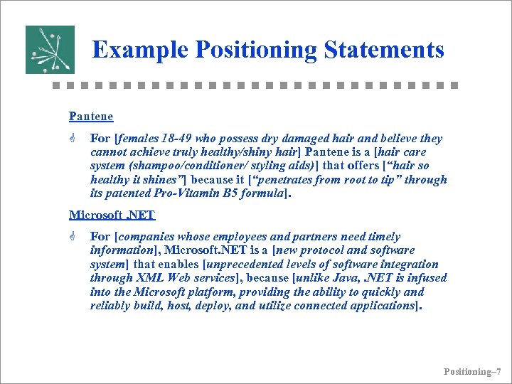 Example Positioning Statements Pantene G For [females 18 -49 who possess dry damaged hair