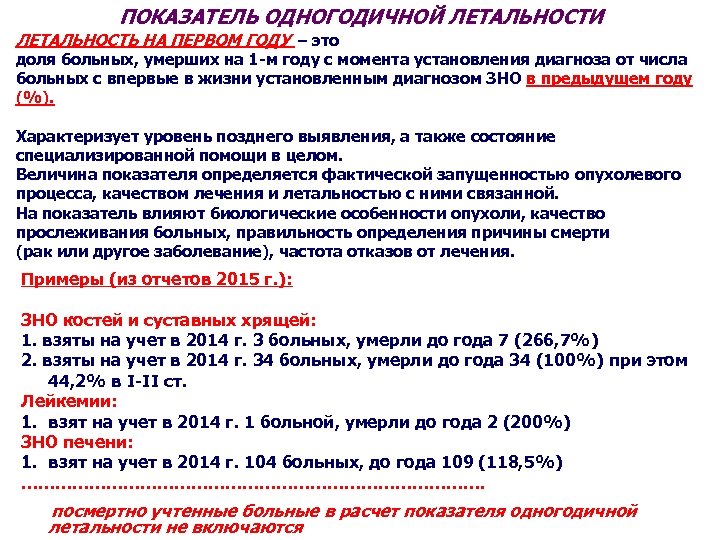 ПОКАЗАТЕЛЬ ОДНОГОДИЧНОЙ ЛЕТАЛЬНОСТИ ЛЕТАЛЬНОСТЬ НА ПЕРВОМ ГОДУ это доля больных, умерших на 1 -м