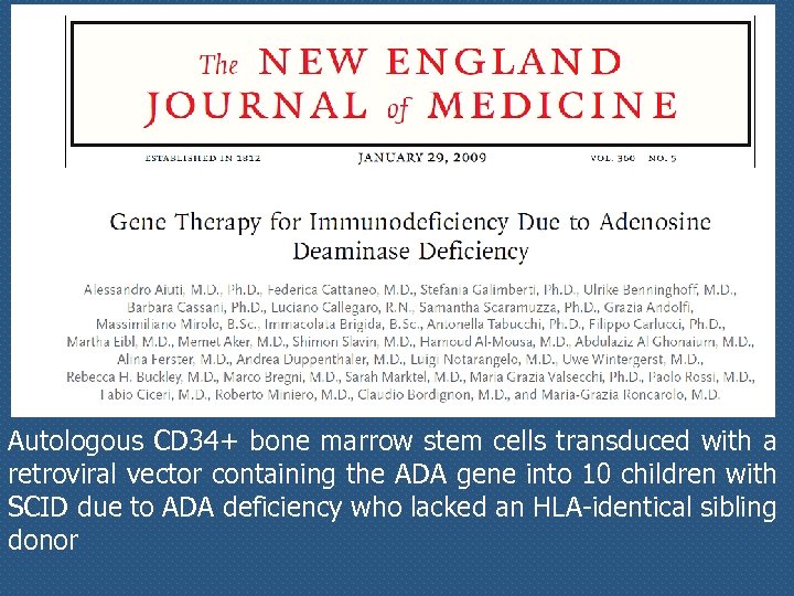 Autologous CD 34+ bone marrow stem cells transduced with a retroviral vector containing the
