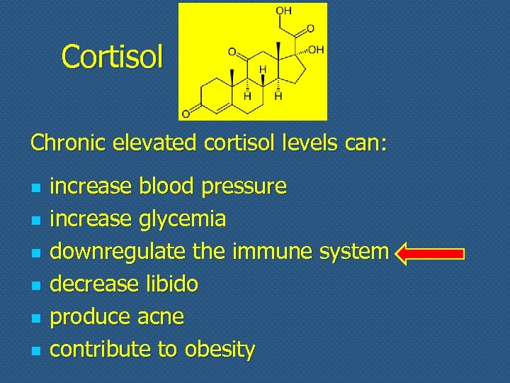 Cortisol Chronic elevated cortisol levels can: n n n increase blood pressure increase glycemia