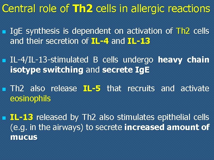 Central role of Th 2 cells in allergic reactions n n Ig. E synthesis