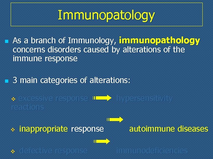 Immunopatology n n As a branch of Immunology, immunopathology concerns disorders caused by alterations