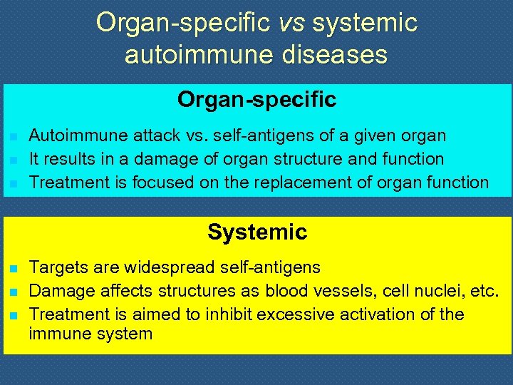 Organ-specific vs systemic autoimmune diseases Organ-specific n n n Autoimmune attack vs. self-antigens of