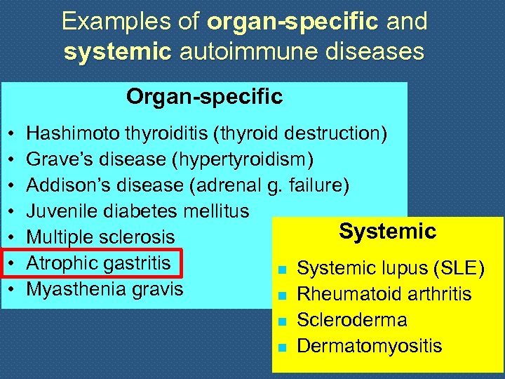 Examples of organ-specific and systemic autoimmune diseases Organ-specific • • Hashimoto thyroiditis (thyroid destruction)