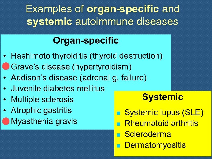 Examples of organ-specific and systemic autoimmune diseases Organ-specific • • Hashimoto thyroiditis (thyroid destruction)
