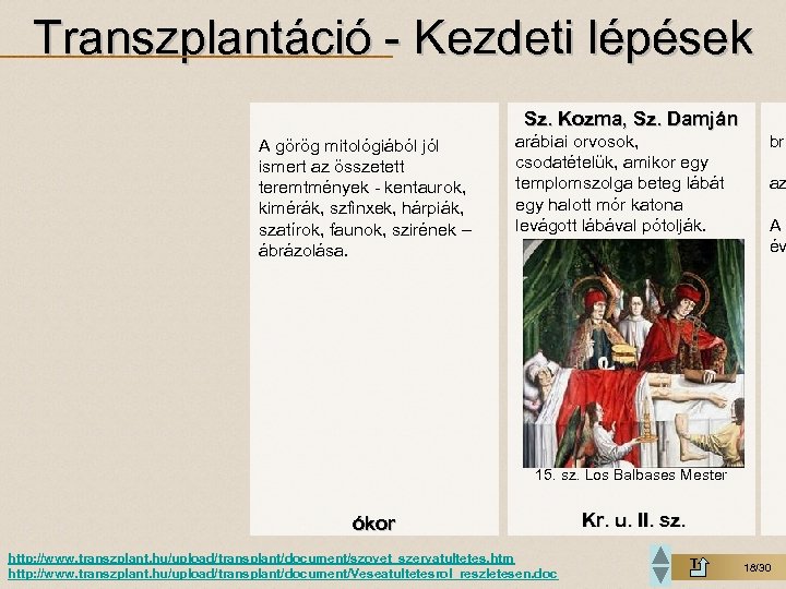 Transzplantáció - Kezdeti lépések Sz. Kozma, Sz. Damján A görög mitológiából jól ismert az