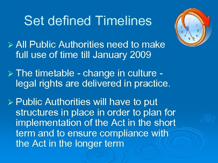 Set defined Timelines Ø All Public Authorities need to make full use of time
