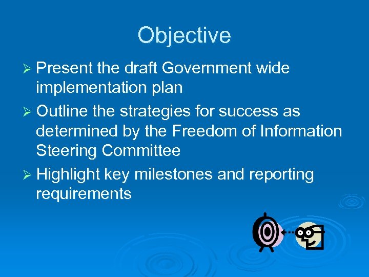 Objective Ø Present the draft Government wide implementation plan Ø Outline the strategies for