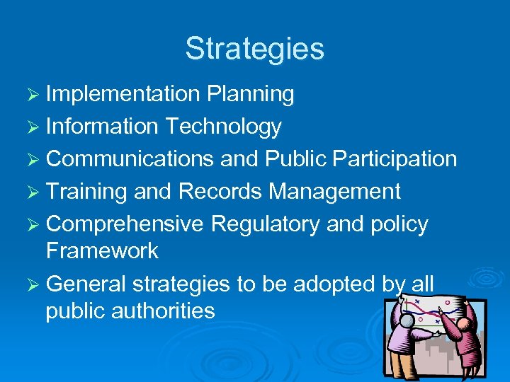 Strategies Ø Implementation Planning Ø Information Technology Ø Communications and Public Participation Ø Training