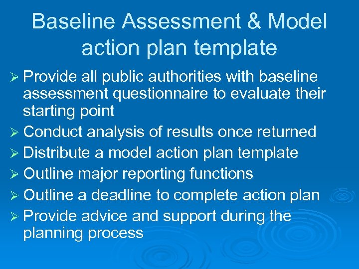 Baseline Assessment & Model action plan template Ø Provide all public authorities with baseline