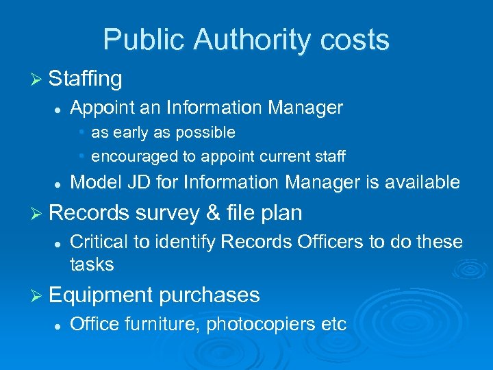 Public Authority costs Ø Staffing l Appoint an Information Manager • as early as