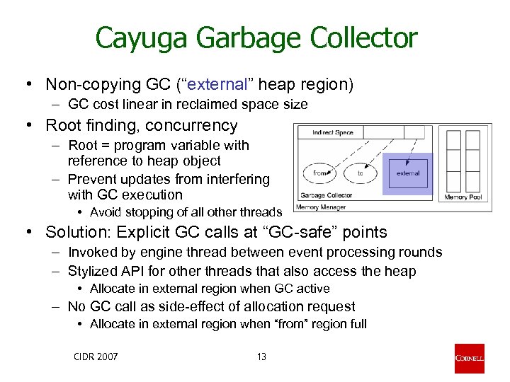 Cayuga Garbage Collector • Non-copying GC (“external” heap region) – GC cost linear in