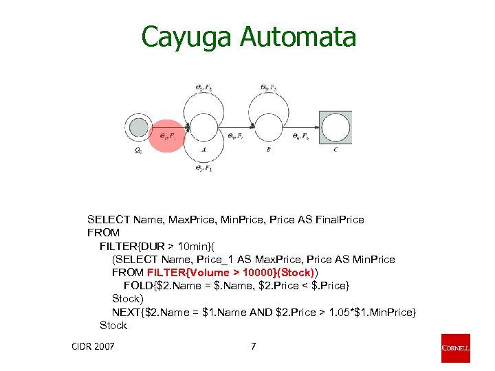 Cayuga Automata SELECT Name, Max. Price, Min. Price, Price AS Final. Price FROM FILTER{DUR