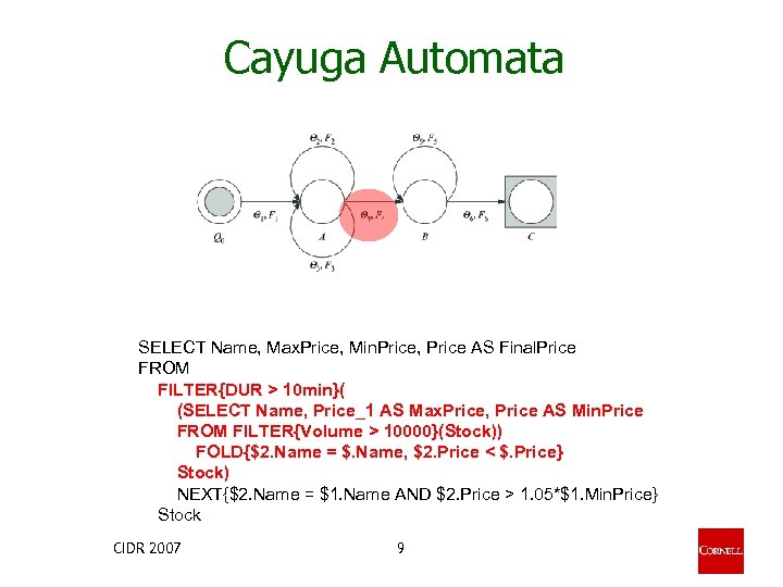 Cayuga Automata SELECT Name, Max. Price, Min. Price, Price AS Final. Price FROM FILTER{DUR