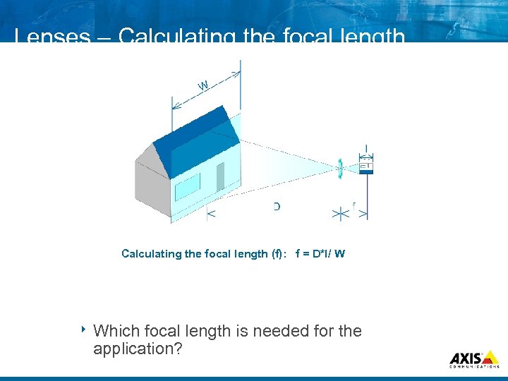 Lenses – Calculating the focal length (f): f = D*I/ W 8 Which focal