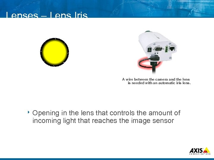 Lenses – Lens Iris A wire between the camera and the lens is needed