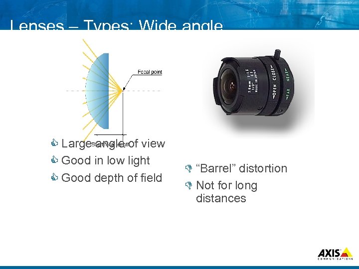 Lenses – Types: Wide angle C Large angle of view C Good in low