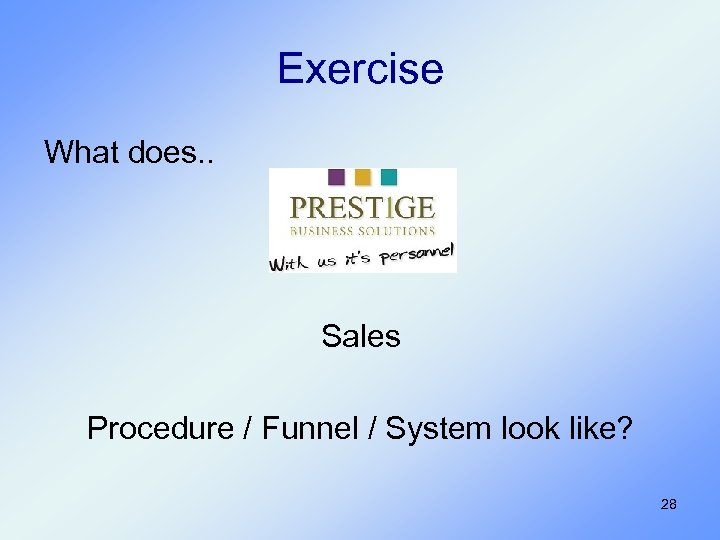Exercise What does. . Sales Procedure / Funnel / System look like? 28 