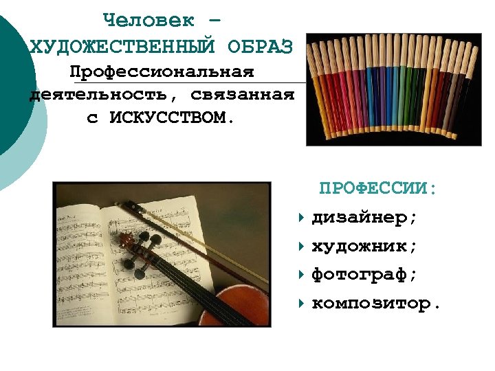 Человек – ХУДОЖЕСТВЕННЫЙ ОБРАЗ Профессиональная деятельность, связанная с ИСКУССТВОМ. ПРОФЕССИИ: дизайнер; художник; фотограф; композитор.
