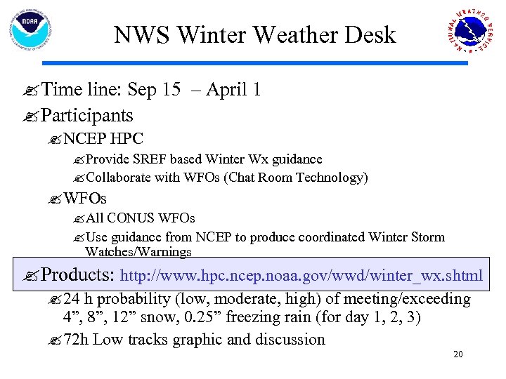 NWS Winter Weather Desk ? Time line: Sep 15 – April 1 ? Participants