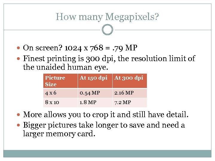 How many Megapixels? On screen? 1024 x 768 =. 79 MP Finest printing is